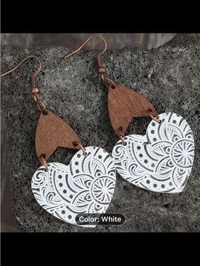 Boho White Heart Dangle Earrings with Wood Accent
